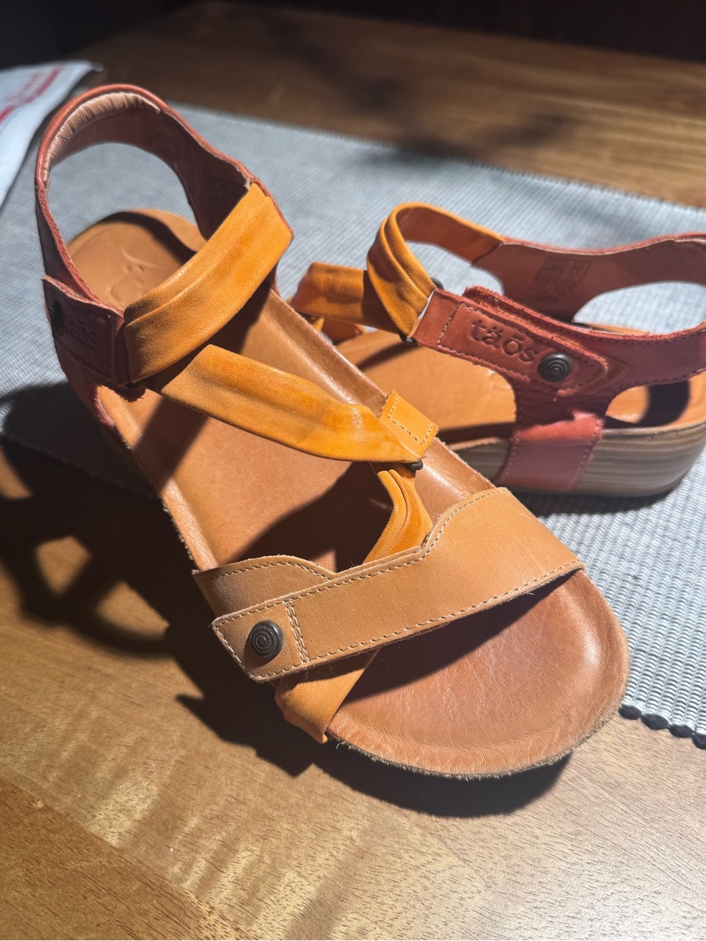 Taos Footwear womens Orange/Tan Leather Hook-and-Loop Sandals